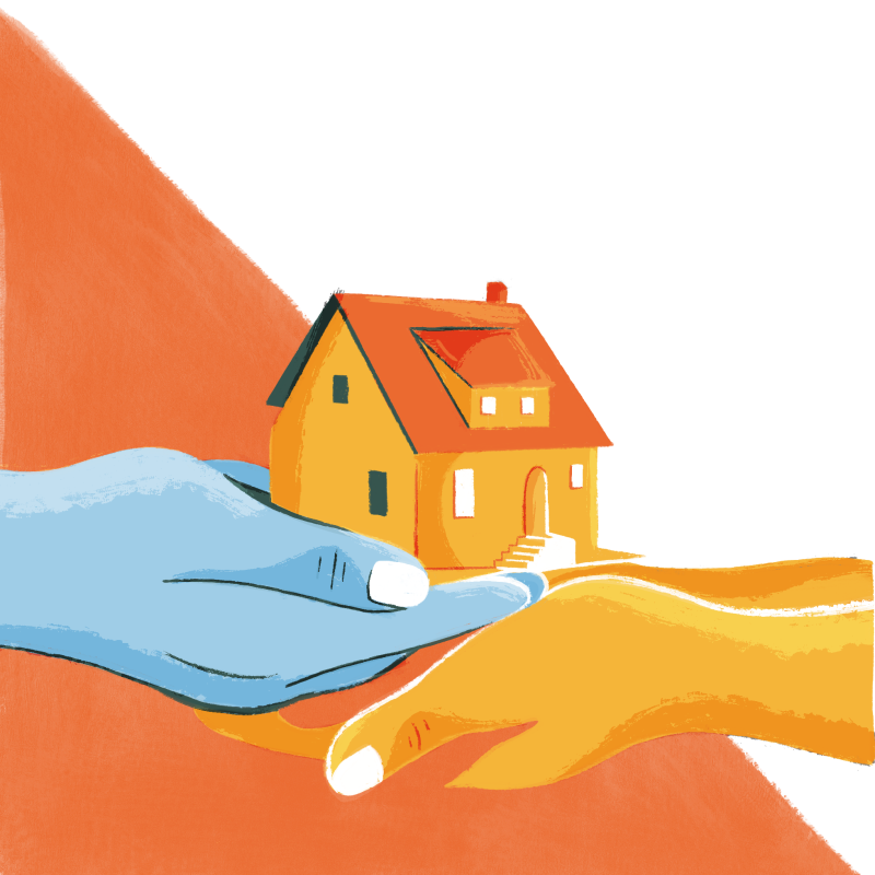 an illustration of two hands over landing each other with a miniature house sat on top