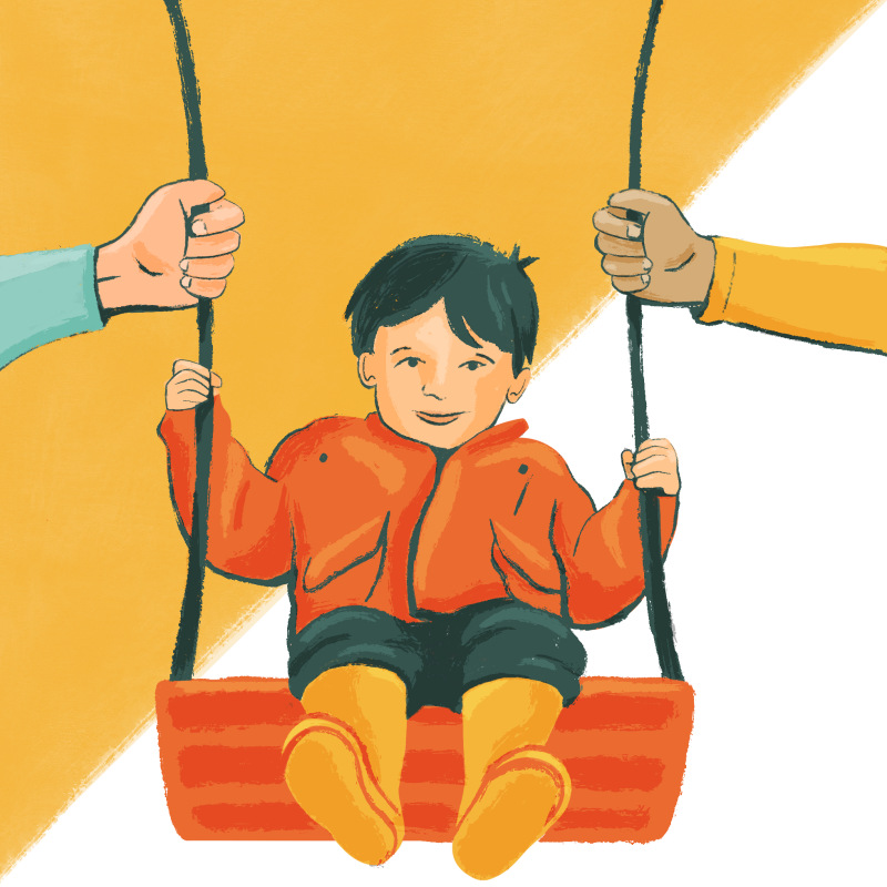 an illustration of of a child on a swing with a hand holding either side