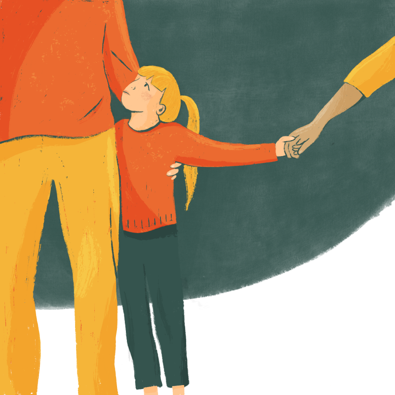 an illustration of of a young girl holding tightly onto a parent whilst stretching her arm to hold the other parents hand who isn't in the image