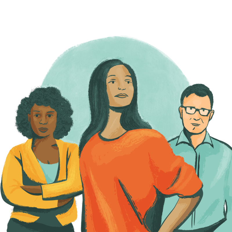 an illustration of a woman in the centre looking proud with a man to her right and woman to her left