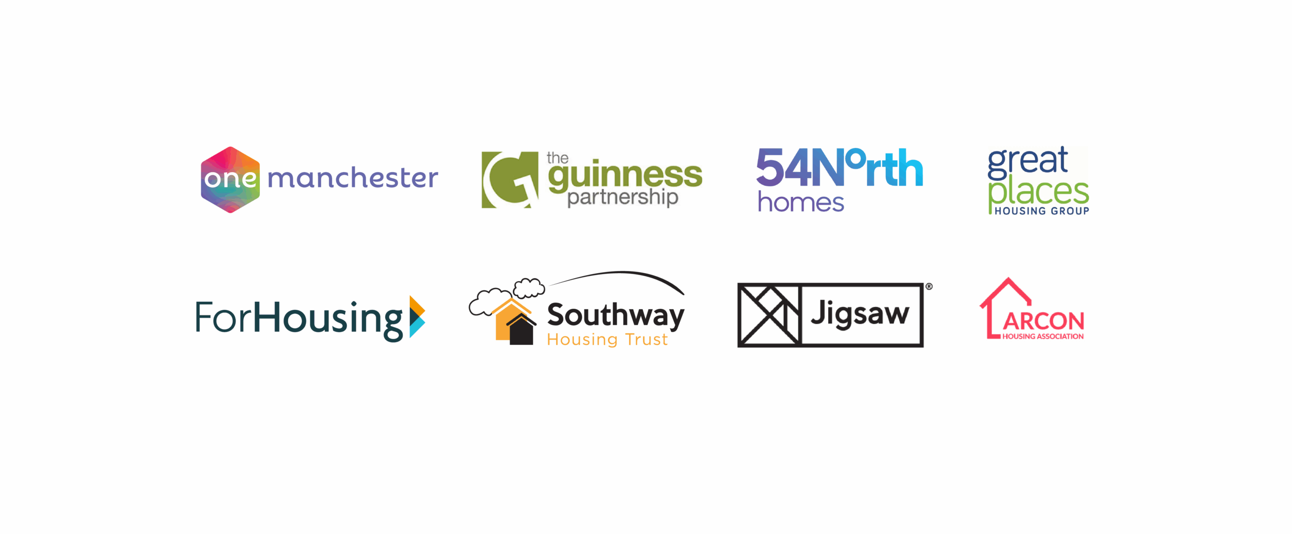 Housing provider logos in the following order: One Manchester, The Guinness Partnership, 54 North Homes, Great Places Housing Group, ForHousing, Southway Housing Trust, Jigsaw, Arcon