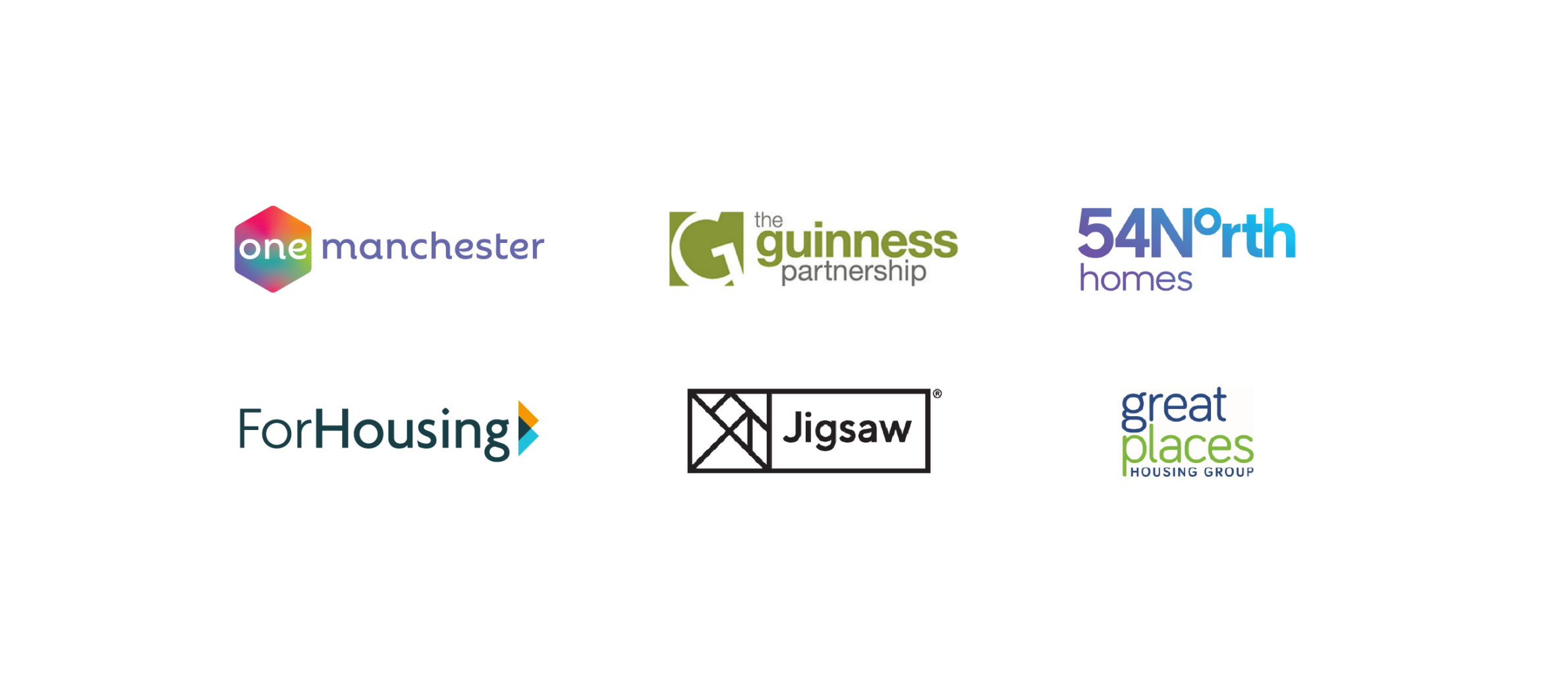 Housing provider logos in the following order: One Manchester, The Guinness Partnership, 54 North Homes, ForHousing, Jigsaw, Great Places Housing