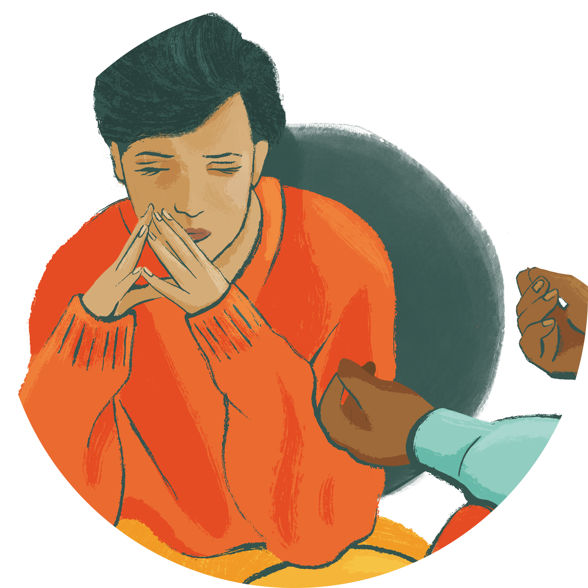 an illustration of a woman in an orange jumper looking up upset with her hands to a point