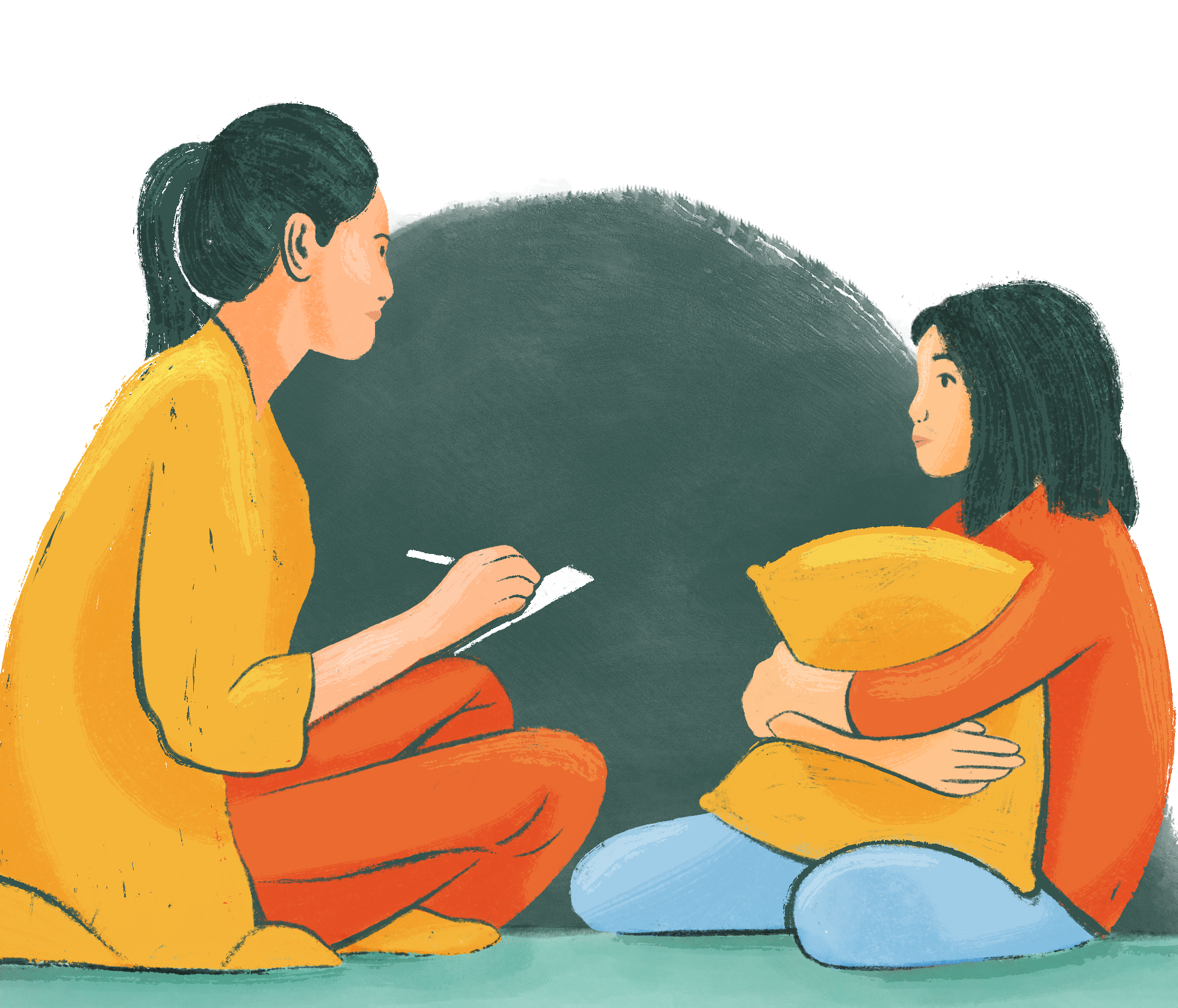 an illustration of a woman talking to a child making notes from the side