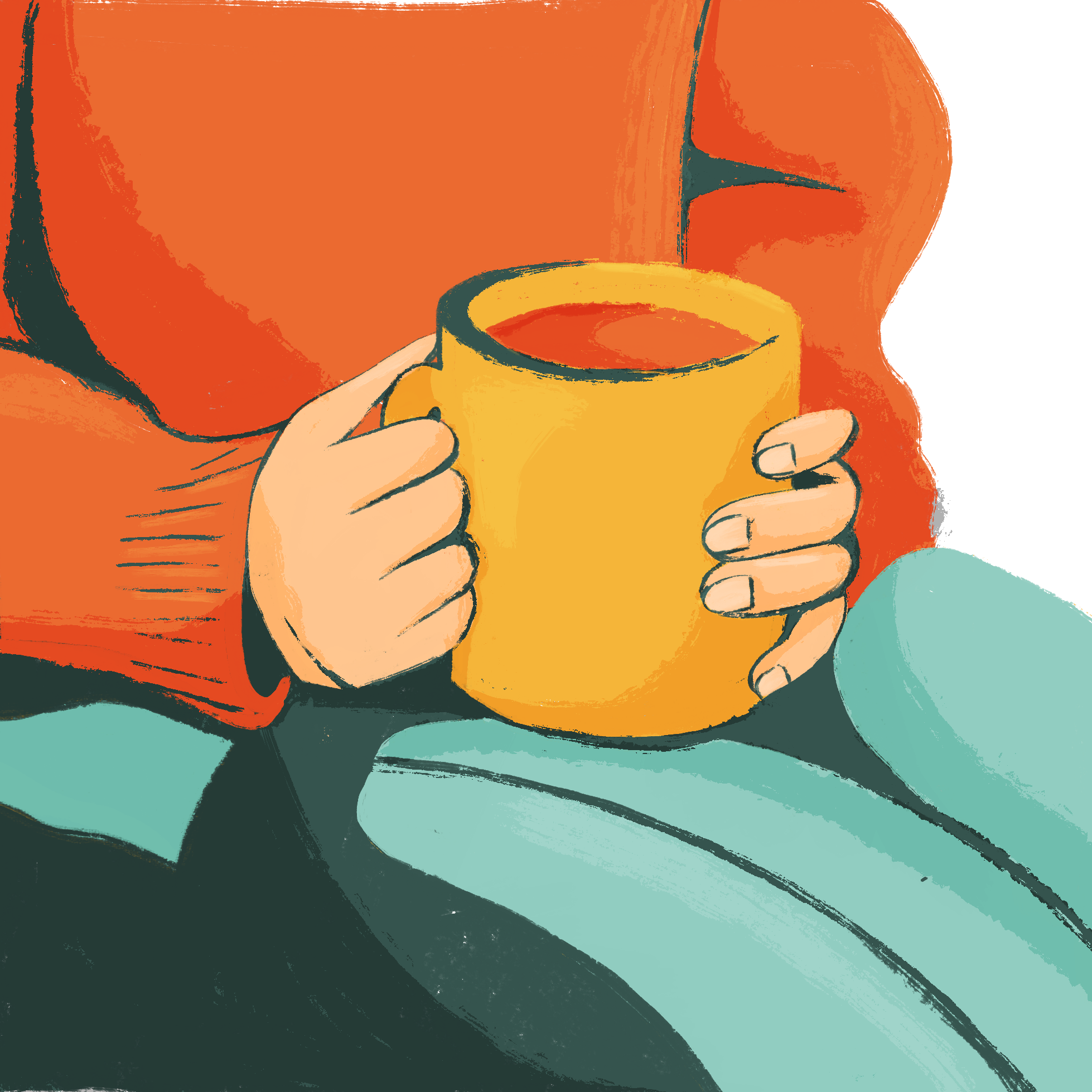 an illustration of someone holding a cup of tea wearing shades of orange