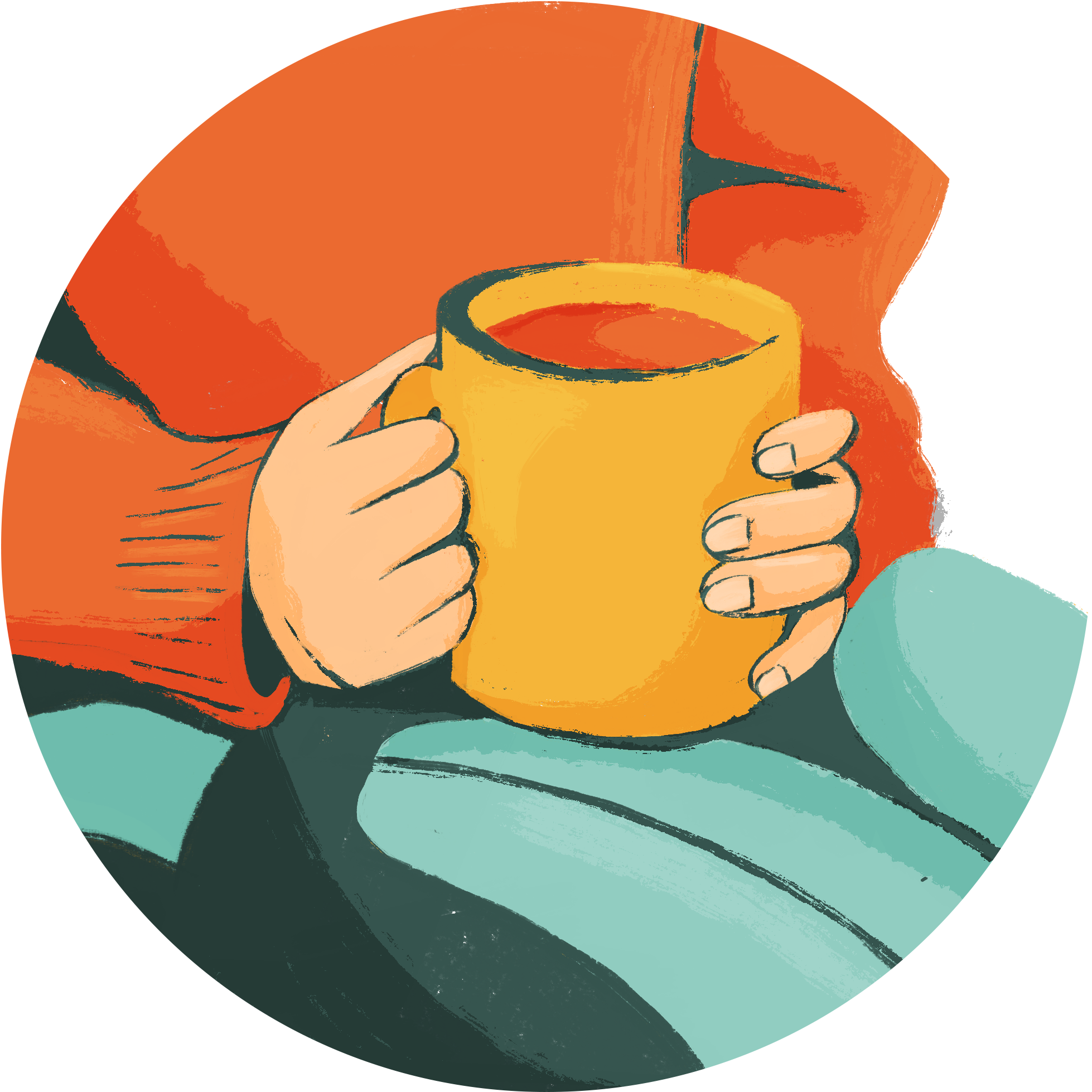 an illustration of someone holding a cup of tea wearing an orange jumper