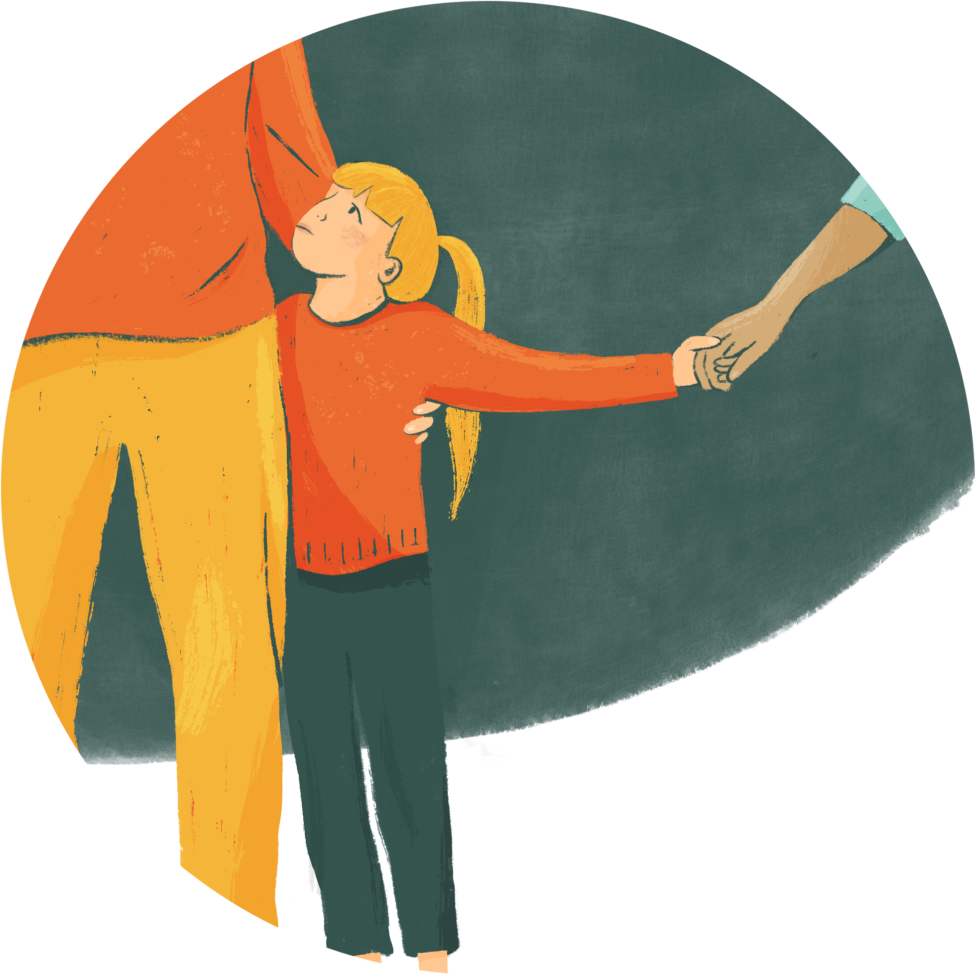 an illustration of of a young girl holding tightly onto a parent whilst stretching her arm to hold the other parents hand who isn't in the image