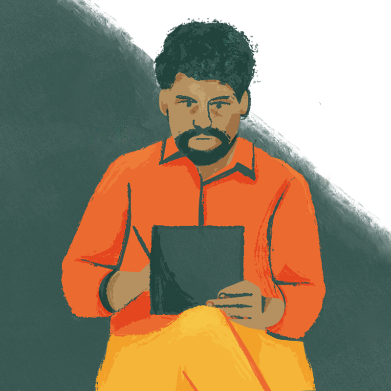 an illustration of a man wearing shades of orange taking notes