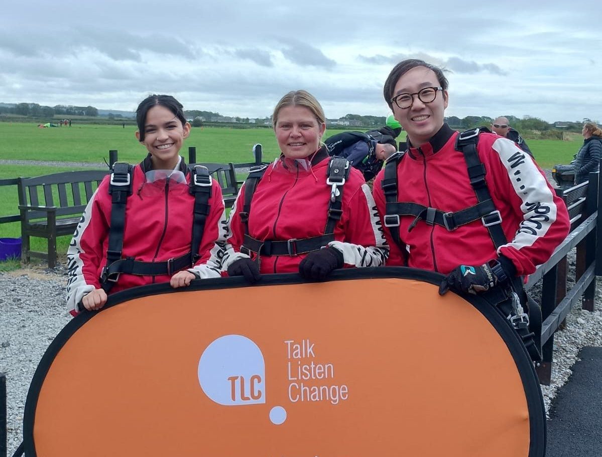 three people in red skydiving outfits posing in a field with a TLC: Talk, Listen, Change sign in a field