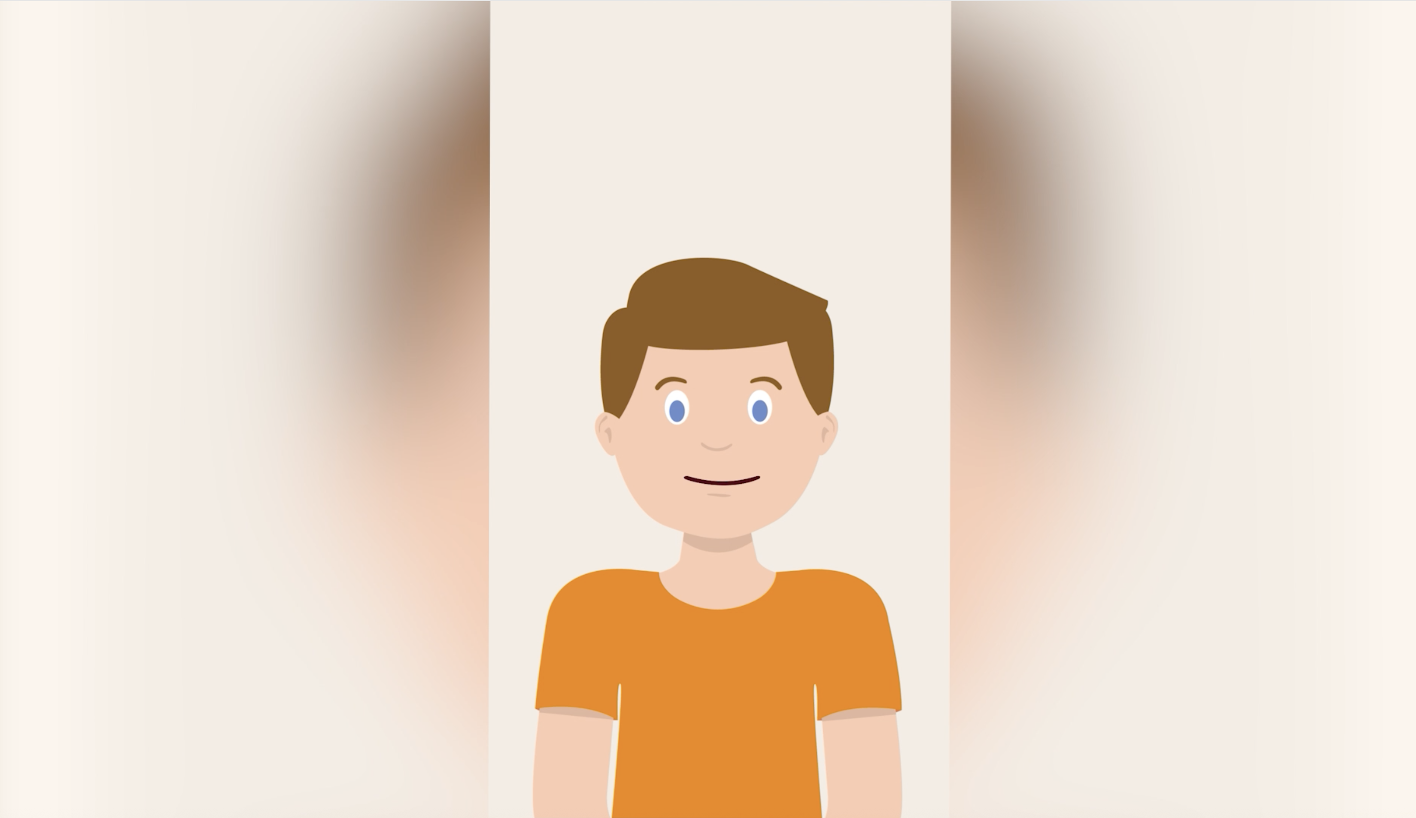 Cartoon man with brown hair and blue eyes wearing an orange t-shirt