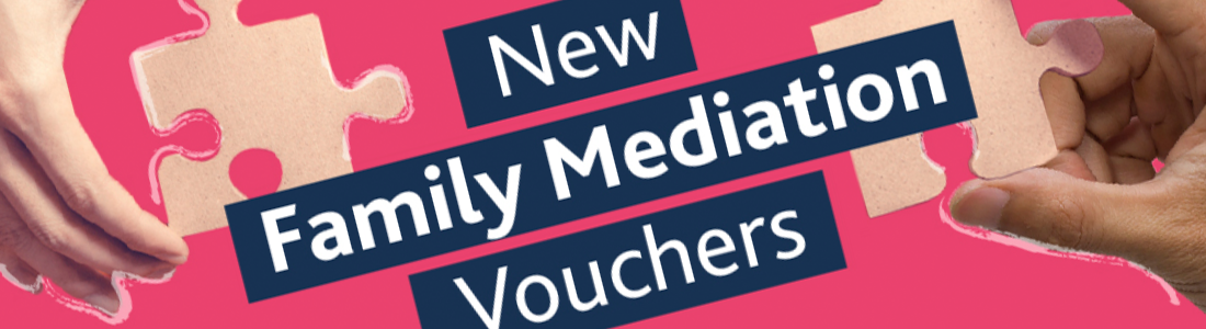 Pink background with hands holding puzzle pieces in the foreground. Graphics of the words 'Family Mediation Vouchers'