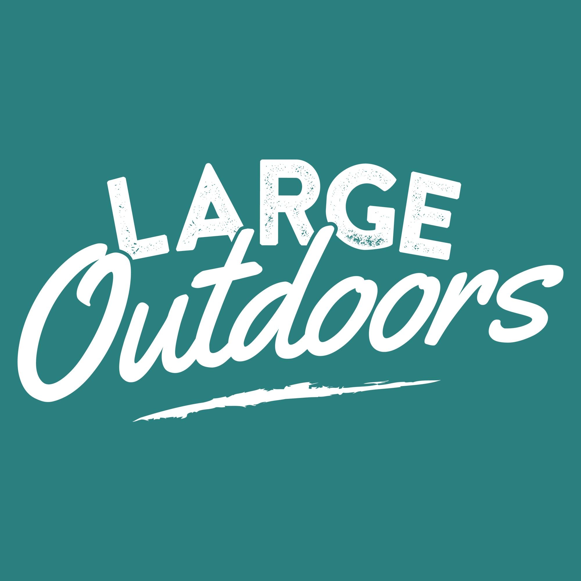 large outdoors logo with white writing on a teal background