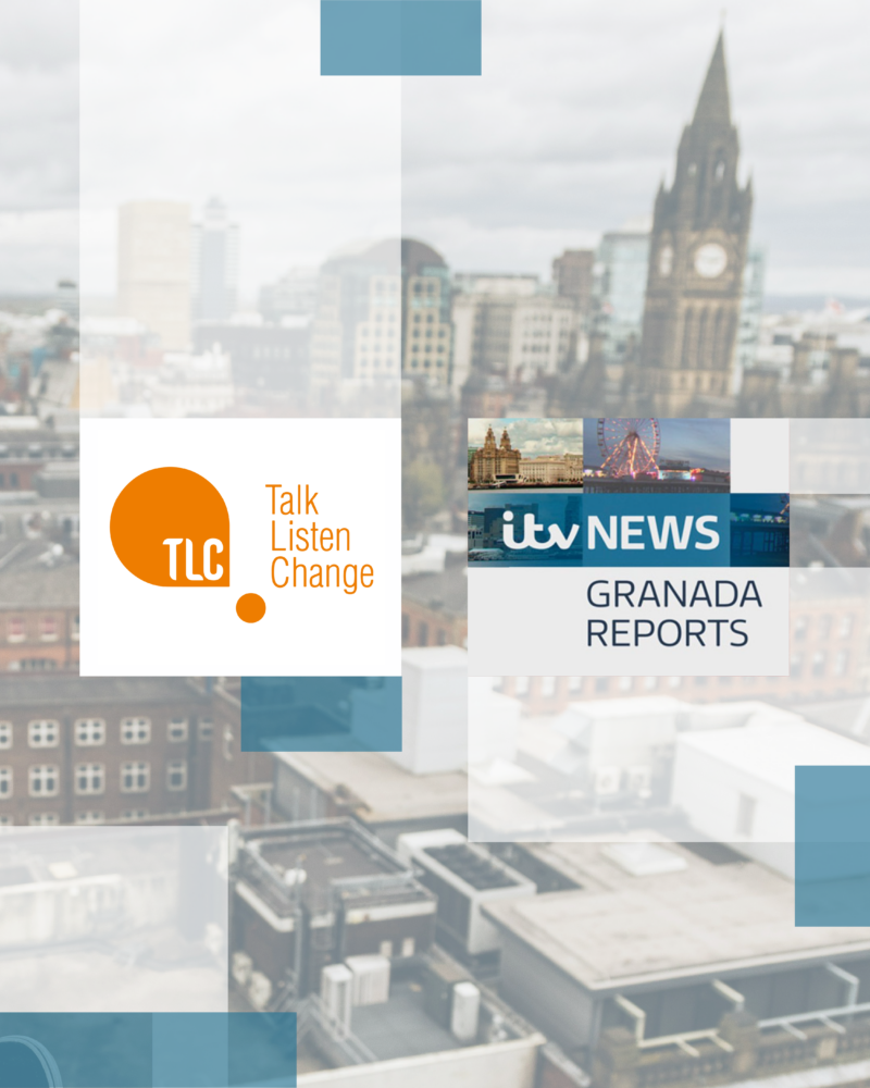 TLC orange logo in a white box and ITV News Granada Reports in a blue and grey box on top of a city background with white and blue see through squares