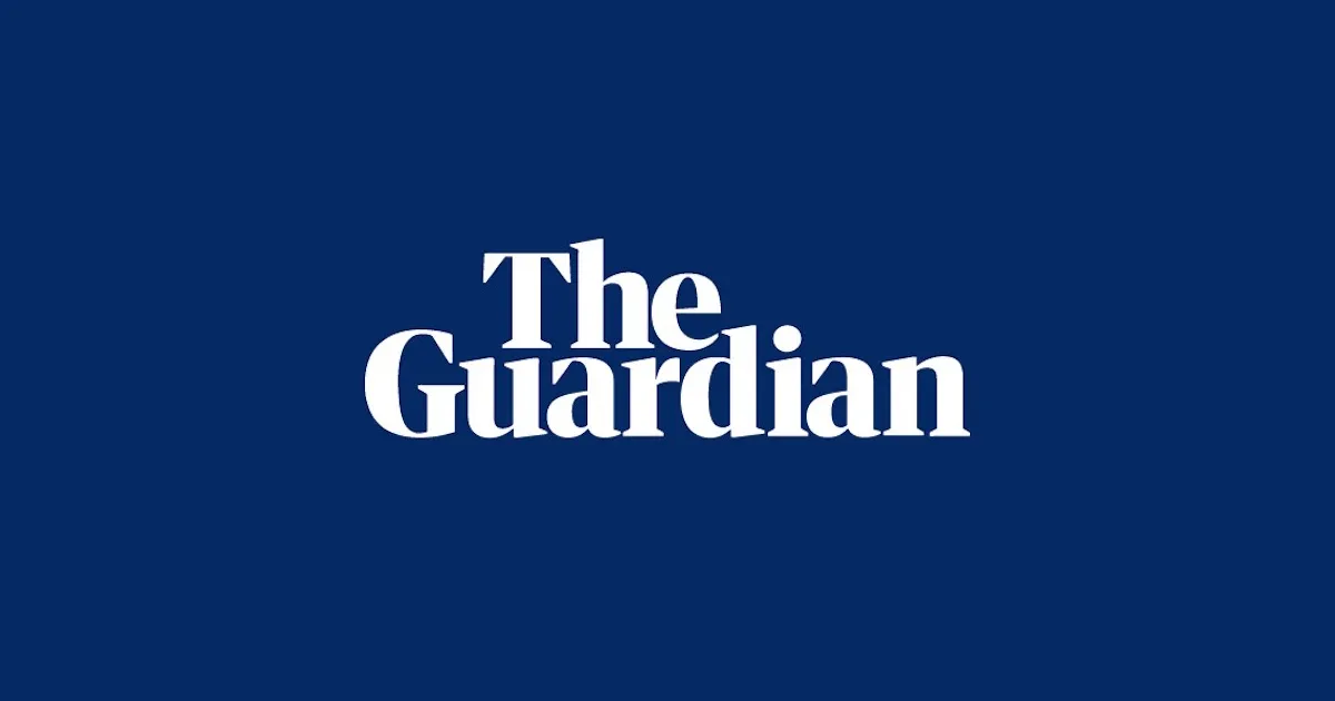 The Guardian logo white writing on a dark blue background