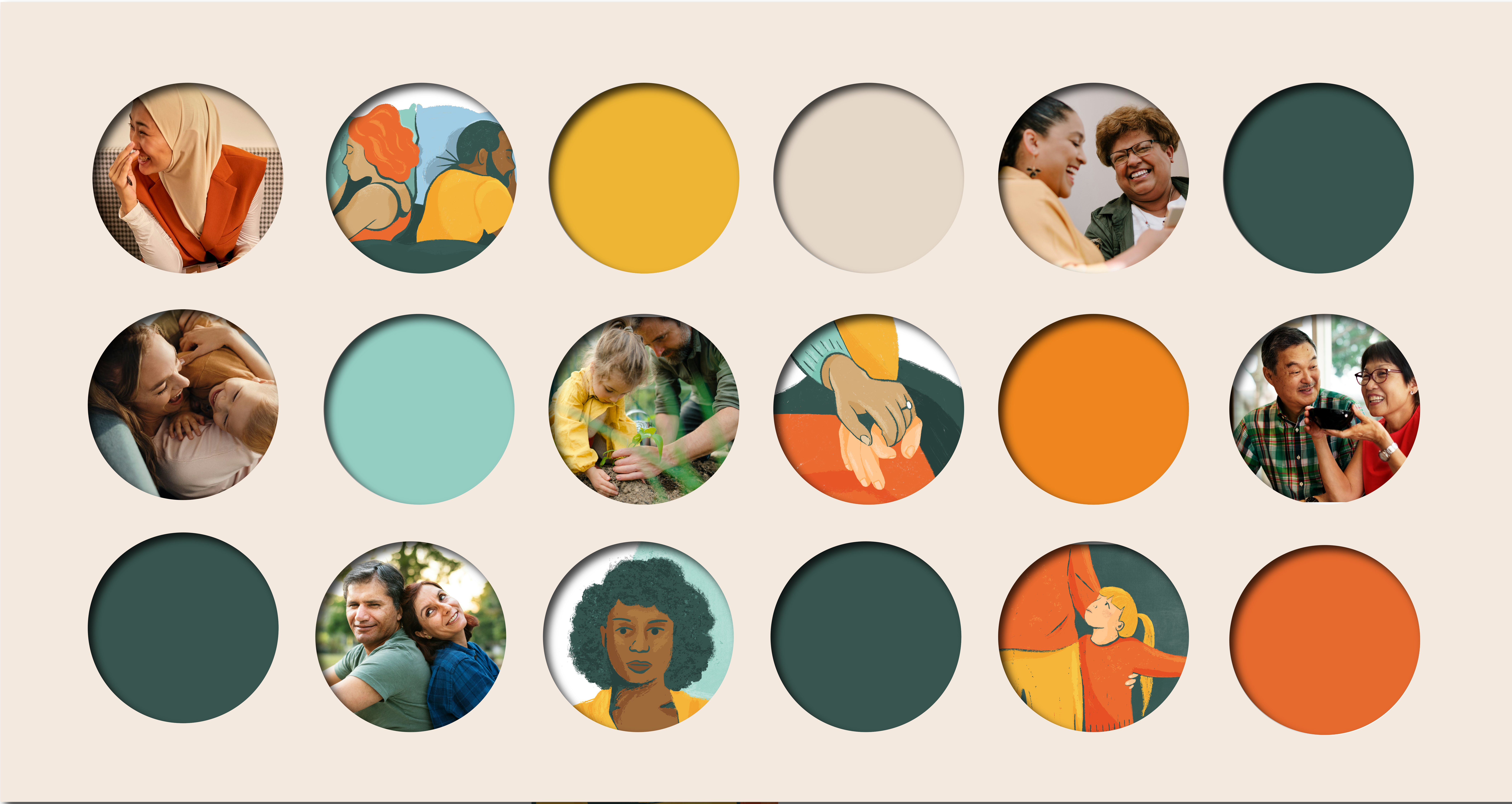 Campaign imagery showing circles of colour, relationship stock imagery and TLC branded illustrations