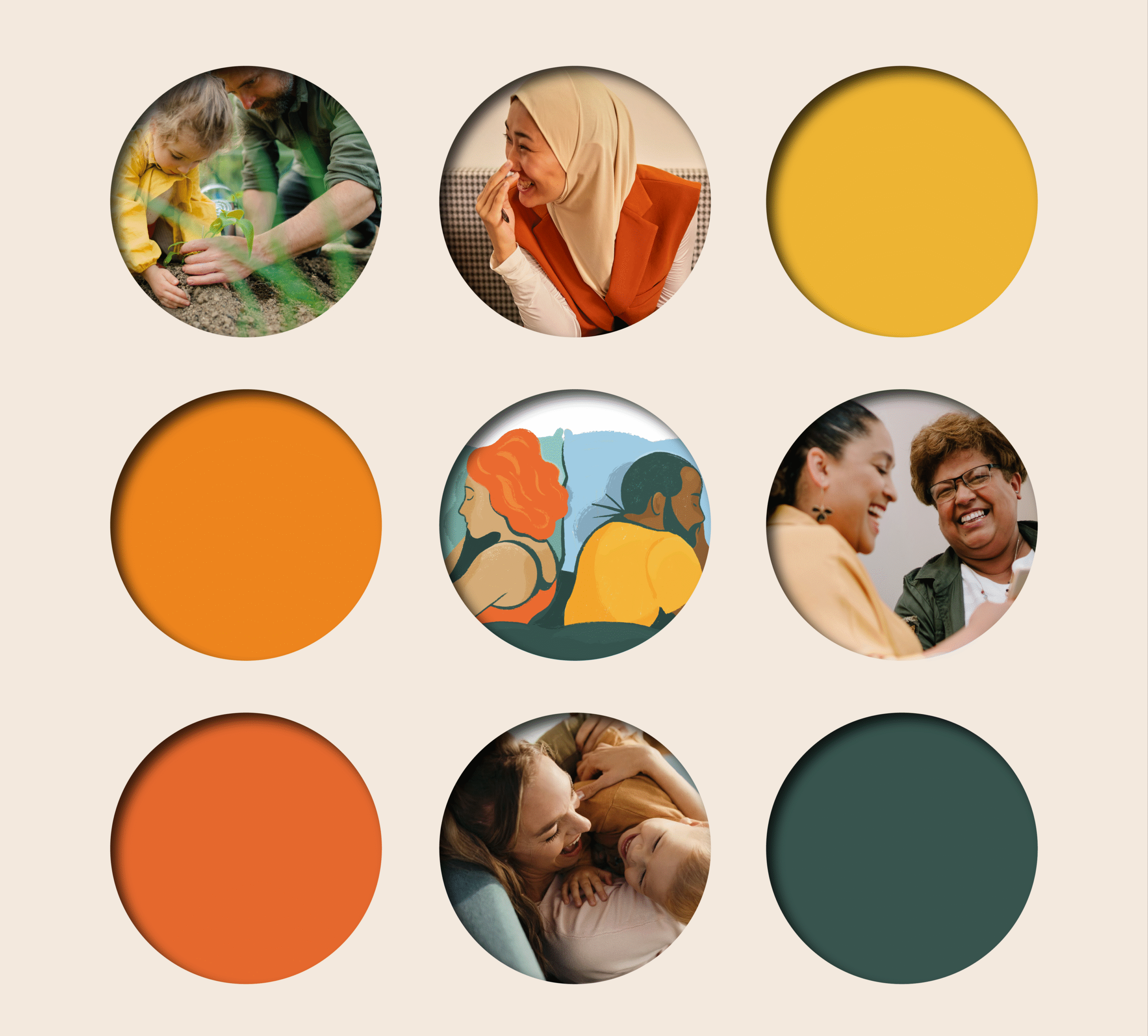 Campaign imagery showing circles of colour, relationship stock imagery and TLC branded illustrations